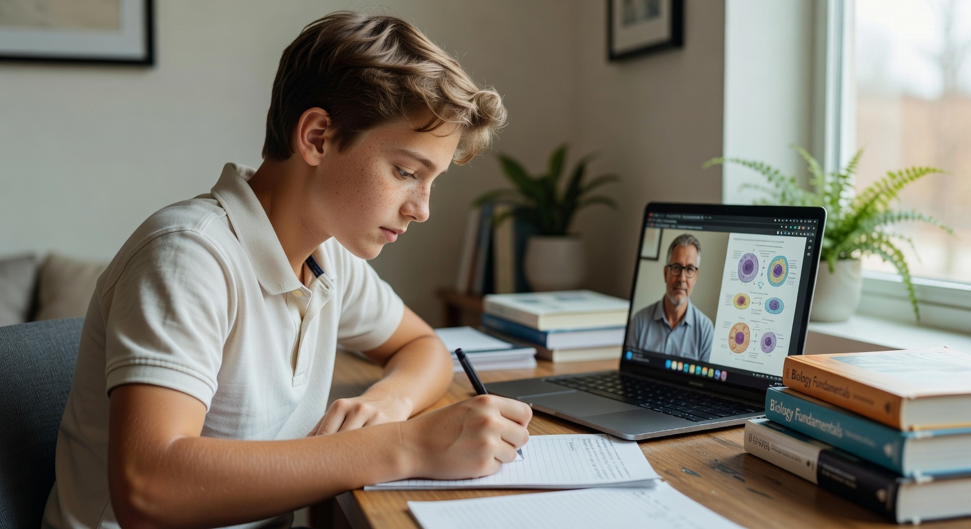 Teenage student clearly writing notes on physical paper with a single pen during an online video tutoring session, with the tutor screen-sharing content on the laptop