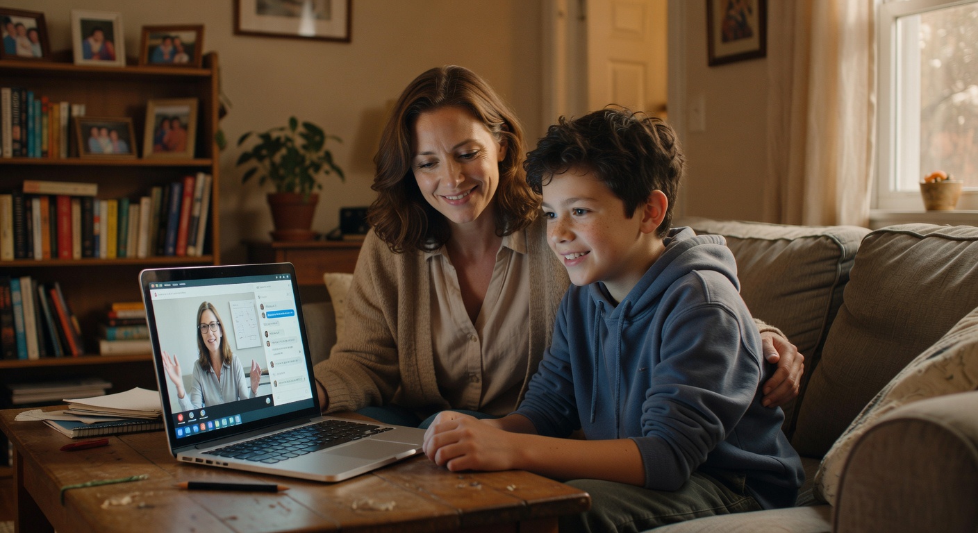 Mother and son reviewing a real 1:1 tutoring session report together at home