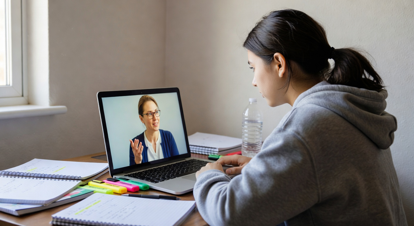 Real 1:1 online tutoring session from behind the student, showing her focused interaction with her dedicated tutor on the laptop screen in a natural home setting