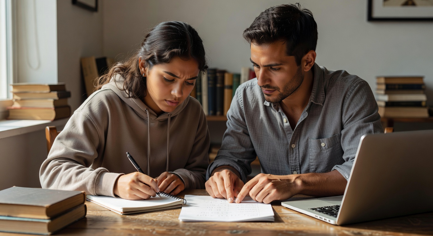 Dedicated tutor and student in a real focused 1:1 session at a wooden table, genuine human connection during math tutoring