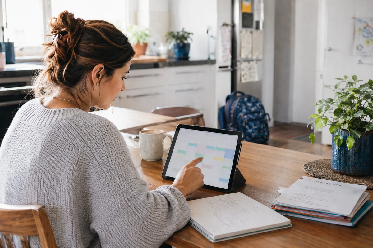 Parent planning tutoring sessions on a tablet at home with school materials nearby