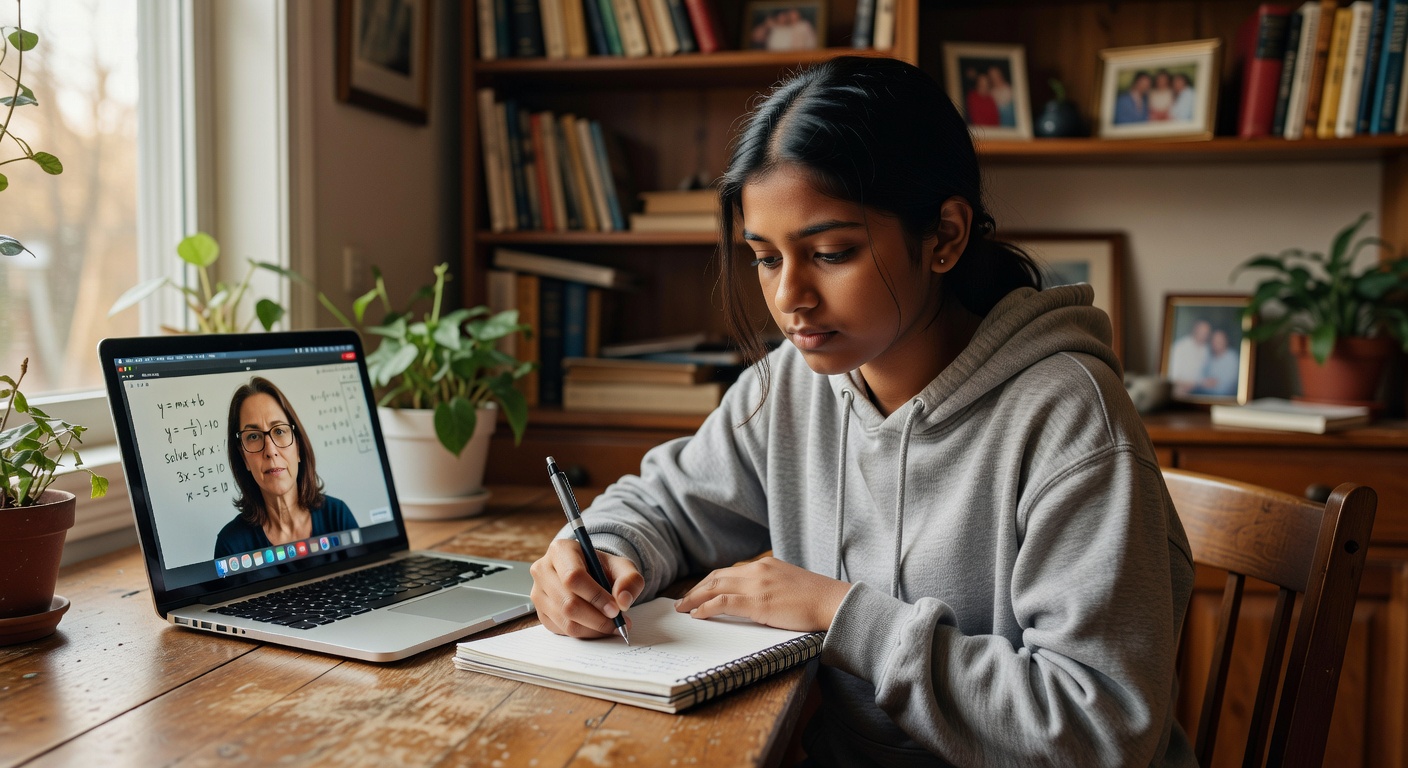 Teenage student in a real home setting actively writing notes in a notebook while video-calling with her tutor, who is screen-sharing math work on the laptop. Natural lighting and authentic moment
