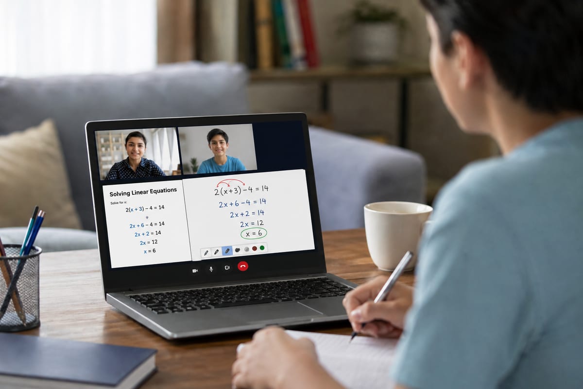 Student joining a live online tutoring session on a laptop in a calm home study space