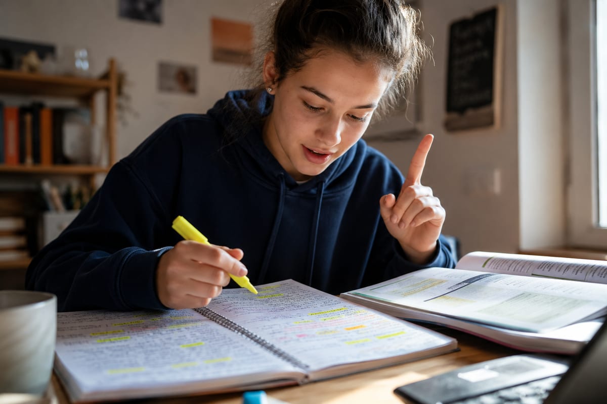 Student concentrating on schoolwork with notes and textbook during a tutoring session